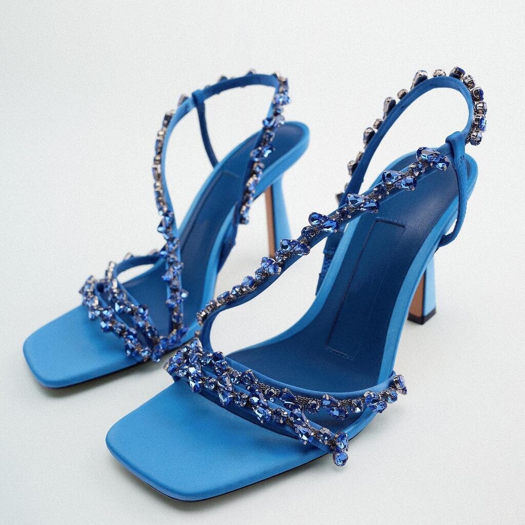 flowersverse New Women Sandals Buckle Strap Open Square Toe Ladies Pumps High Heel Beaded Fashion Summer Rhinestone Female Shoes