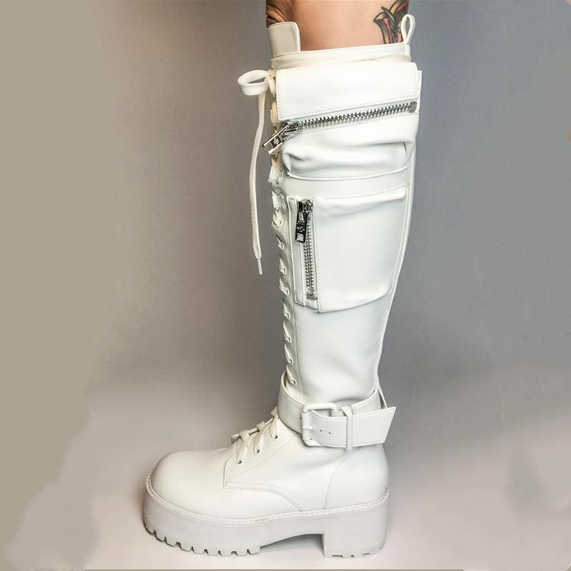 Amozae Fashion Women's Thigh High Boots Black Punk Gothic Woman Platform Boots Wedge Motorcycle Boot Heels Women Shoes Big Size