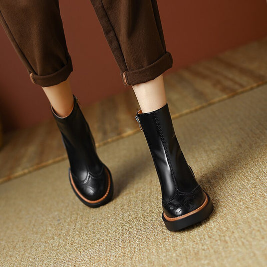 flowersverse Autumn Winter Women Boots Round Toe Chunky Heel Women Shoes Solid Ankle Boots Platform Shoes Retro Bullock Chelsea Boots