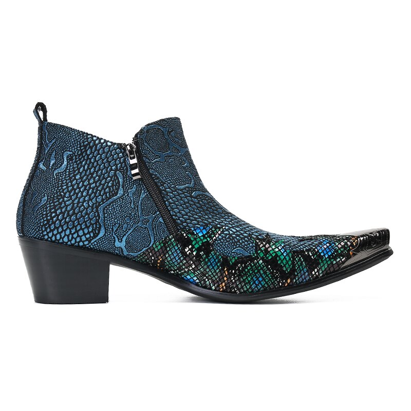 Amozae Trendy British Genuine Leather Glitter Men Ankle Boots Steel Toe Mens High Heels Snake Skin Bota Masculina Party Dance Shoes Man