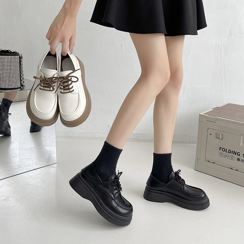 Christmas Gift New Ladies Gothic Women's Shoes Black White Leather Platform Lolita Mary Jane Flats Fashion Lace Up Harajuku Style Loafers