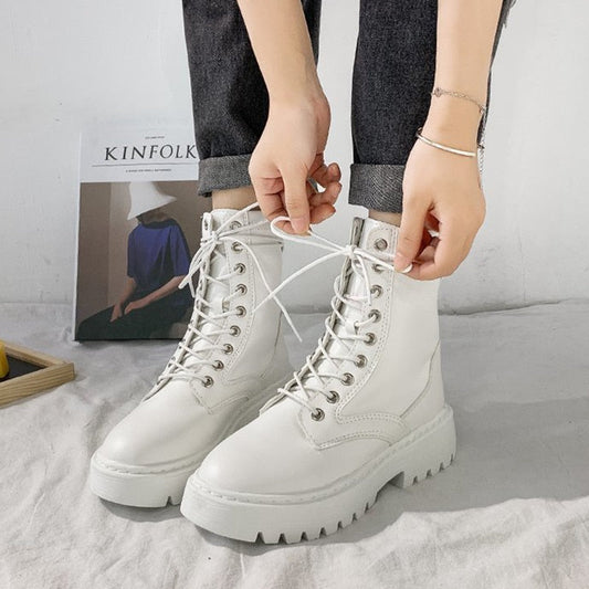 flowersverse New Mid Calf Boots Women Autumn Winter Fashion Lace-Up Zipper Botas Mujer Boots Sports Platform Heel Ladies Shoes Flat