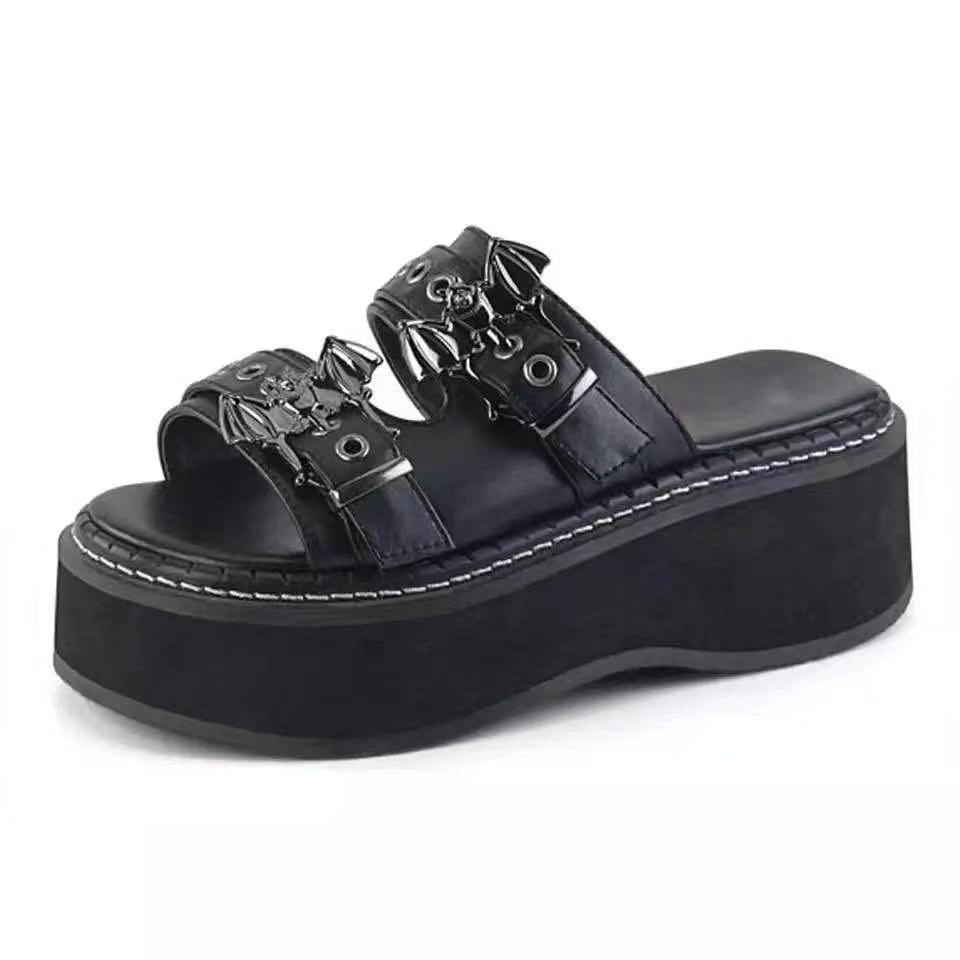 Amozae Large Size Women Summer Slippers Shoes Woman Black Gothic Punk Round Toe Platform Sandals Shoes Female Heel Slide Wedges Sandal