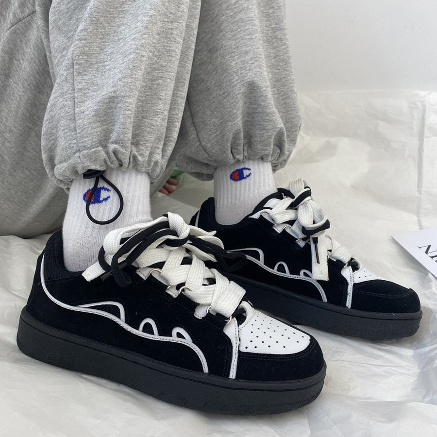 Black Friday Amozae Black Women's Vulcanize Shoes Couple Sneakers Women's Flat Shoes Designer Lace Up Women Sport Shoes Casual Footwear Plus Szie 44