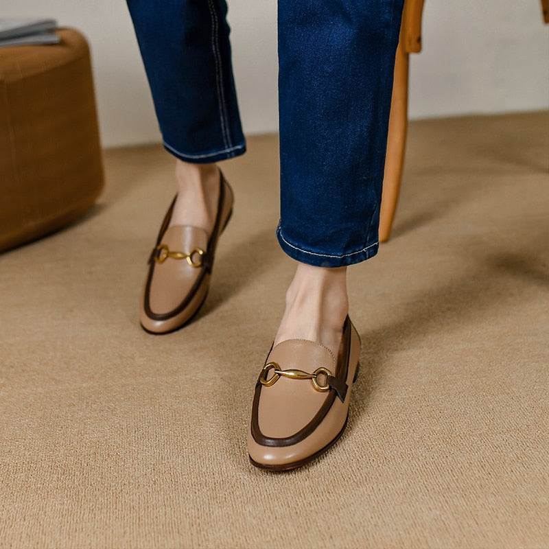 flowersverse Spring New Genuine Leather Women Shoes Fashion Retro Slip-On Loafers Shoes Round Toe Shoes Woman Zapatos De Mujer Flats