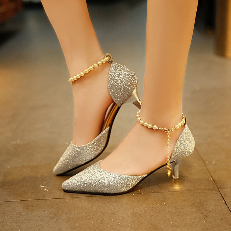 flowersverse Pointed toe Pearl High heels shoes Female Fashion hollow with Sandals Paillette of the Thin Breathable shoes Women Pumps