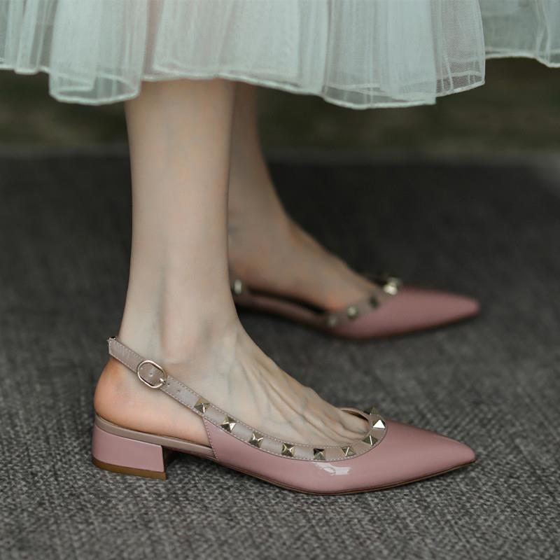 flowersverse New Summer Women Sandals Rivet Pointed Toe Chunky Heel Low Heel Flat Females Pumps Fashion High Quality Elegant Noble Lady Shoe
