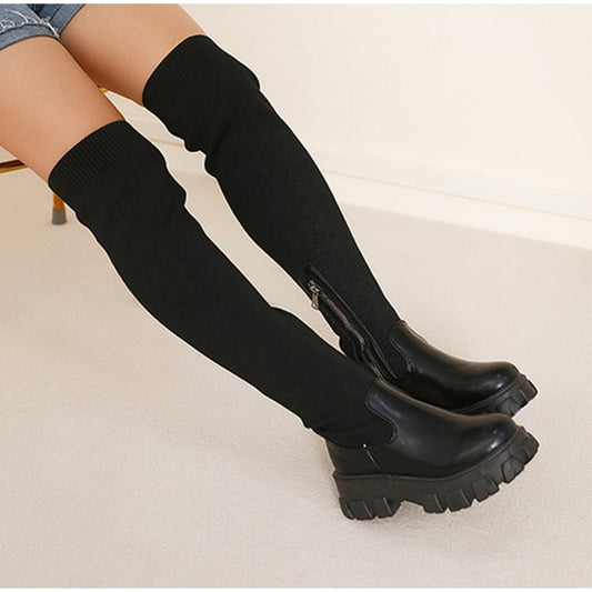 Christmas Gift Over The Knee Spring And Autumn Stitching Knitted Vertical Pattern Fashion Platform Boots Socks Shoes Women's Boots