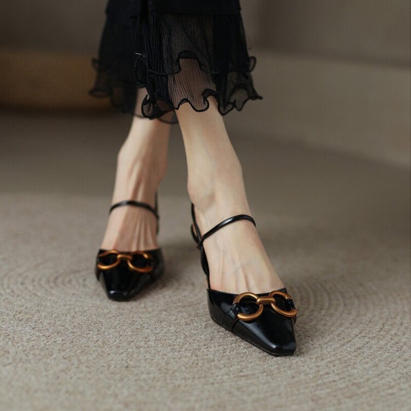 Amozae Patent Leather Ladies Sandals Summer Concise Pointed Buckle Women's Shoes Fashionable Elegant Shallow Mouth Female Stiletto