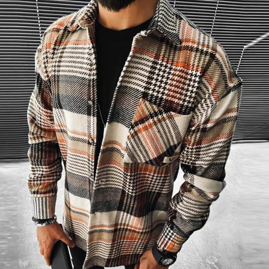 flowersverse Business Casual Plaid Print Wool Shirt Jacket Men Spring Single Breasted Lapel Top Autumn Pocket Patchwork T-shirt Cardigan
