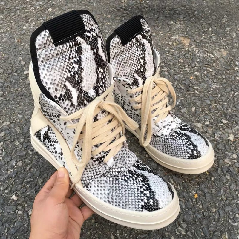 Black Friday Amozae Men's Shoes Leather Snakeskin Round Toe Casual Shoes High Version Thick Bottom Sneakers Spring Lace Up Brand Designer Shoes