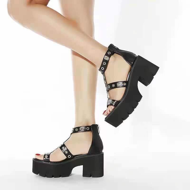 Amozae Summer Women Platform Sandals Metal Ring Cutout High Heels Punk Goth Platform Shoes Ladies Heel Sandalias Sandales Femmes Été