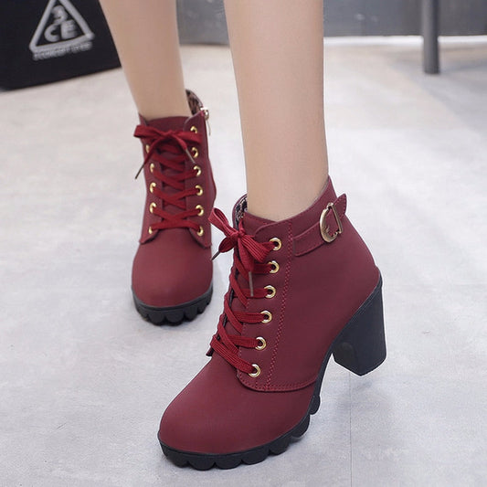Amozae 2022 New Spring Winter Women Pumps Boots High Quality Lace-Up European Ladies Shoes PU High Heels Boots Fast Delivery