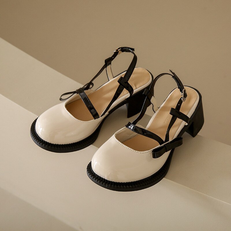 flowersverse - French Chunky Heels Women Spring Summer New Fashion Casual Mary Jane Shoes Ladies Designer Leather Sandals Women