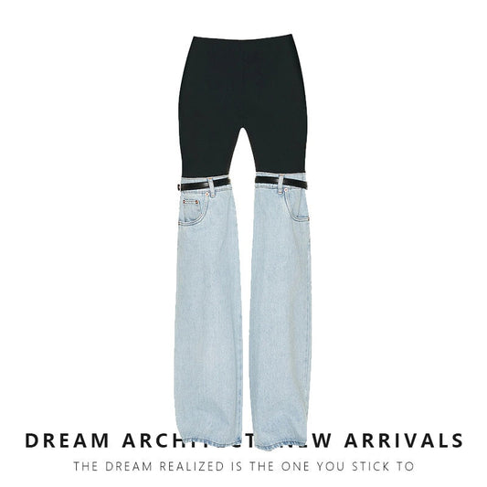 Spliced Jeans Spring New High-waist Straight Fashion High Street Ankle-Length Pants