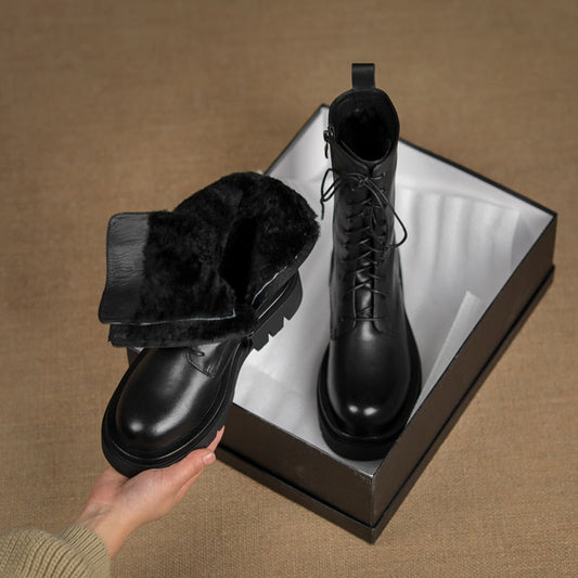 flowersverse Winter Genuine Leather Women Boots Lamb Wool ZIP Ankle Boots For Women Round Toe Heel Platform Shoes Snow Boots Cross-Tied