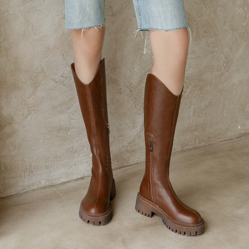 flowersverse Autumn Winter New Women High Boots Split Leather Round Toe Women Boots Thick Heel Knee-High Women Shoes Zipper Knight Boots