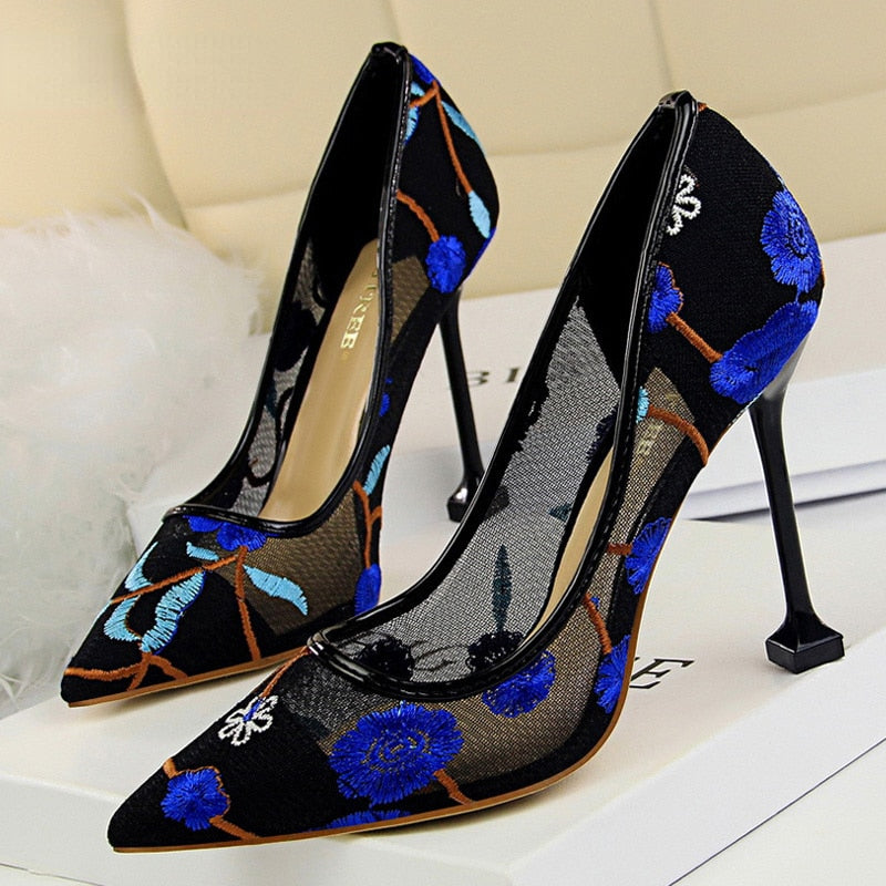 Amozae Summer Fashion High Heels Women's Floral Embroidered Lace Party Stiletto High Heels Mesh Women's Shoes