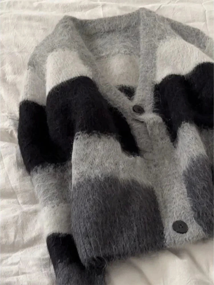 flowersverse Cropped Cardigan Tops Women Clothing Long Sleeve V-neck Vintage Sueter Mujer Fashion Striped Knitted Sweater Jackets Pull Femme