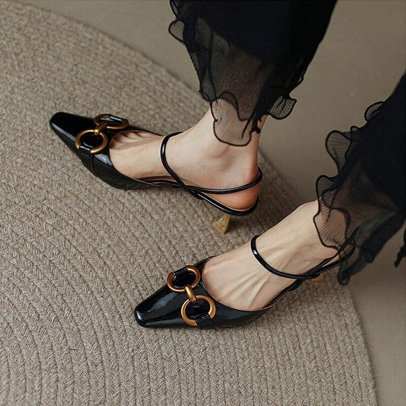 Amozae Patent Leather Ladies Sandals Summer Concise Pointed Buckle Women's Shoes Fashionable Elegant Shallow Mouth Female Stiletto