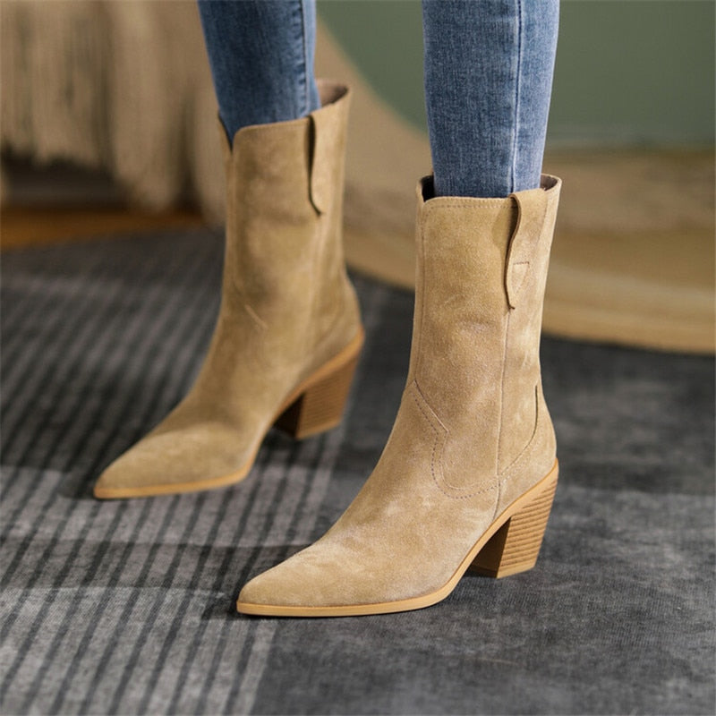 flowersverse New Autumn/Winter Women's Boots Pointed Toe Chunky Heel Short Boots Cow Suede Western Boots Shoes For Women High Heels