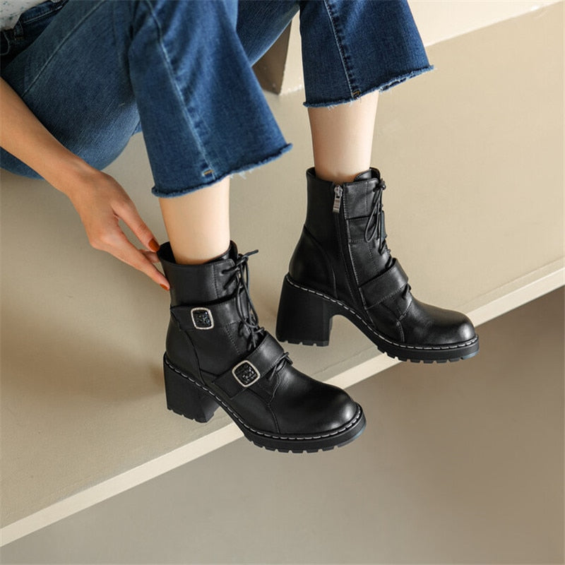 flowersverse Autumn Winter Round Toe Women Boots Chunky Heel Shoes For Women Short Boots Belt Buckle Side Zipper High Heels Knight Boots