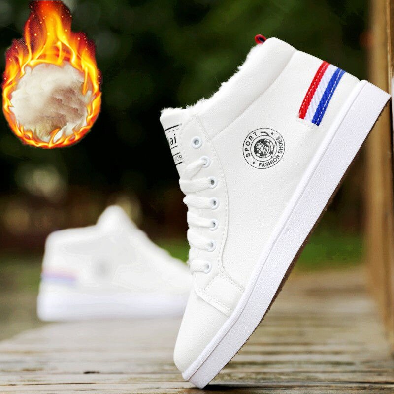 flowersverse Men's Winter Plush Shoes Boys Comfort Sneakers White Leather Shoes Men High Top Sneakers Trendy Style Vulcan Boys Shoes