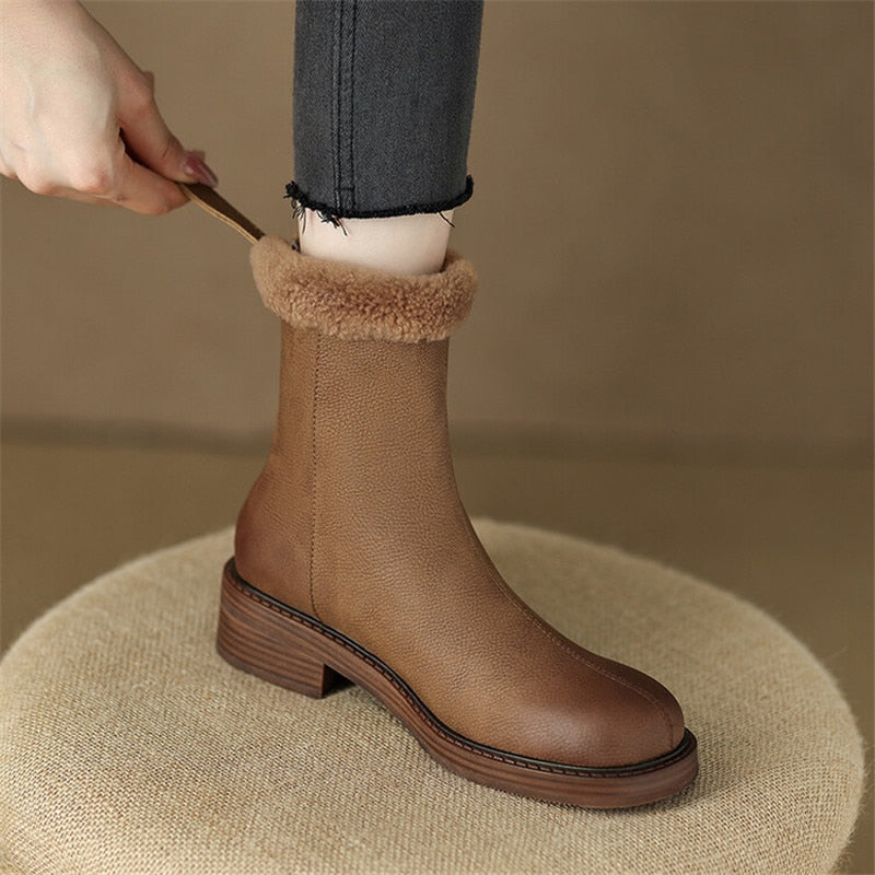 flowersverse New Winter Ankle Boots Women Chunky Heels Round Toe Boots Casual Shoes For Women Thermal Plush Boots Simplicity Women Boots
