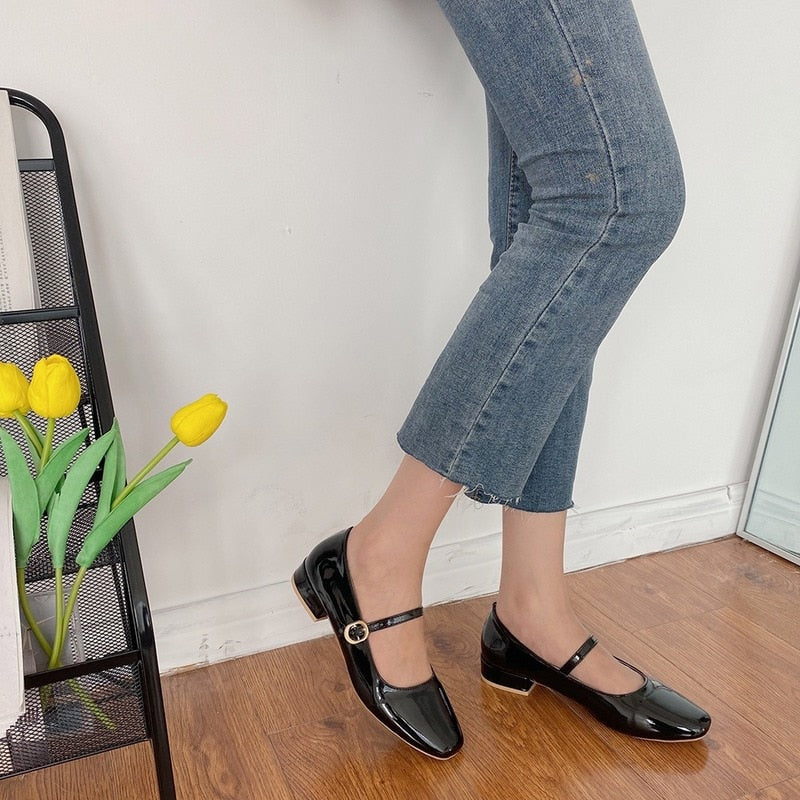 Christmas Gift Spring Autumn Women Mary Janes Shoes Patent Leather Low Heels Dress Shoes Square Toe Shallow Buckle Strap
