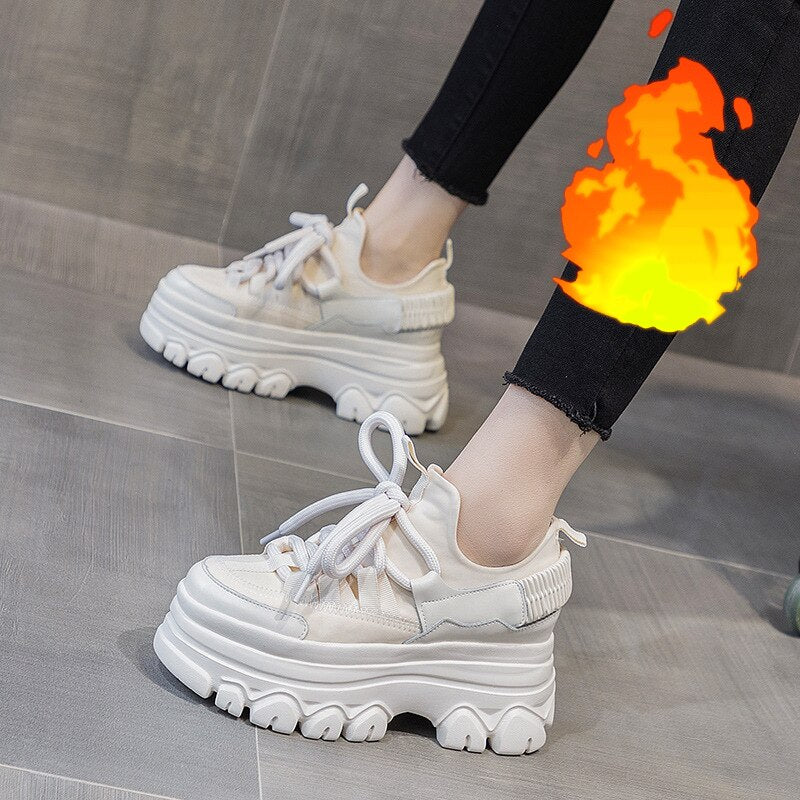 Amozae 9Cm Platform Wedge Sneakers Genuine Leather Women Shoes Chunky Sneakers For Female Spring Autumn Warm Fur Winter Shoes