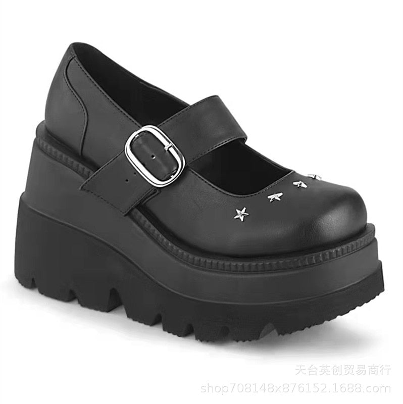 Amozae Plus Size Women Platform Shoes Black Wedge Mary Jane Leather Shoes For Womens High Heels Woman Punk Gothic Thick-Soled Sandals