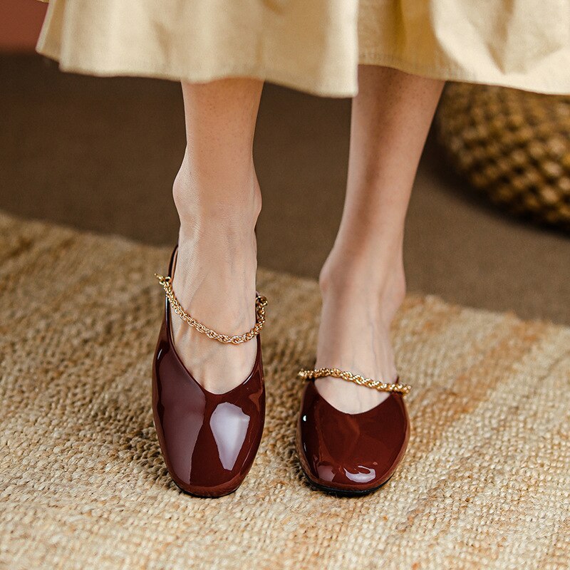 flowersverse Outside Women's Muller Shoes Fashion Designe Middle Heel Ladies Sandals Classic Lersure Patent Leather Lazy Female Slipper