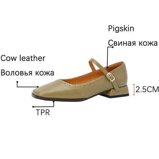 flowersverse New Genuine Leather Mary Jane Women's Shoes LEISURE Buckle Shallow Pumps Square Toe Thick Heel Shoes Woman Zapatos De Mujer