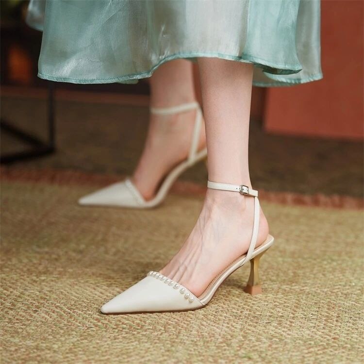 flowersverse New Summer Women Sandals Temperament Pearl Pointed Toe Stiletto Females Heels Solid Fashion High Quality Office Ladies Shoes