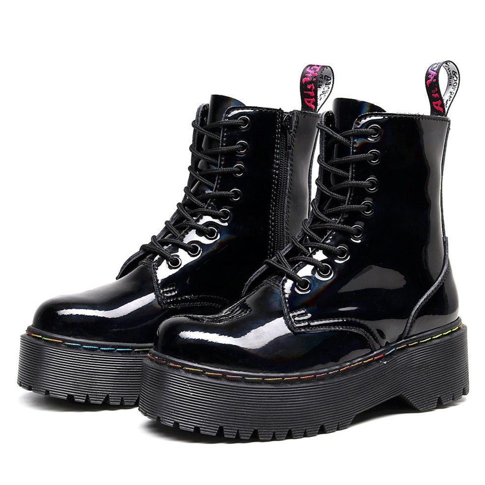 Amozae Bright Genuine Leather Boots Women Platform Boots Lace-Up Zipper Female Combat Boot Increase Height Lady Shoes Black Botas Muje