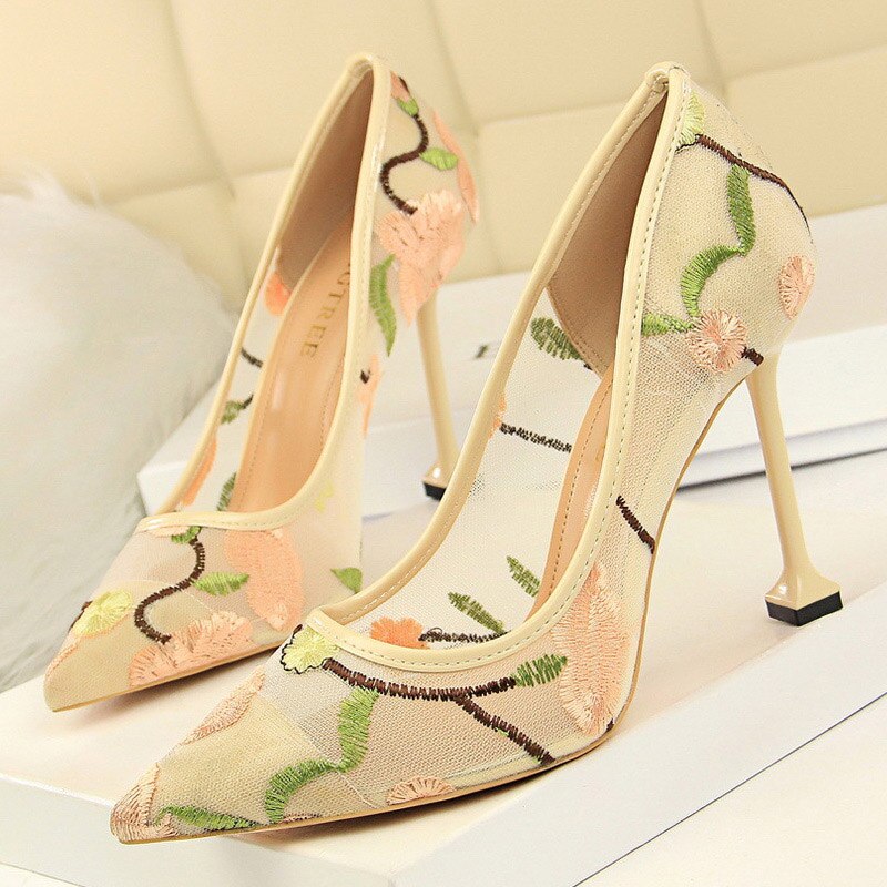 Amozae Summer Fashion High Heels Women's Floral Embroidered Lace Party Stiletto High Heels Mesh Women's Shoes