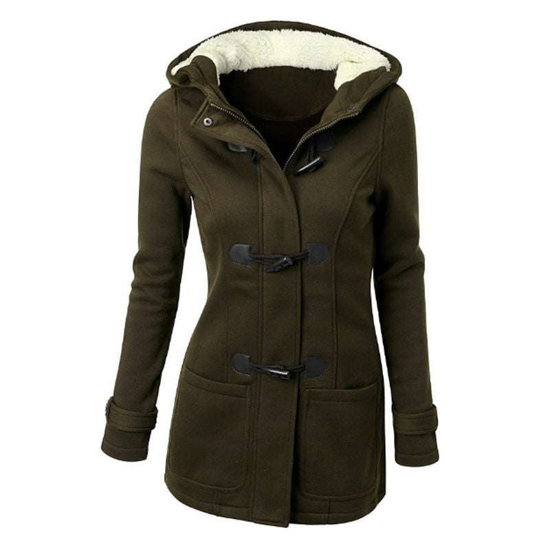 flowersverse Hooded Cotton Blend Classic Horn Leather Buckle Coat Jacket Cotton Coat Women