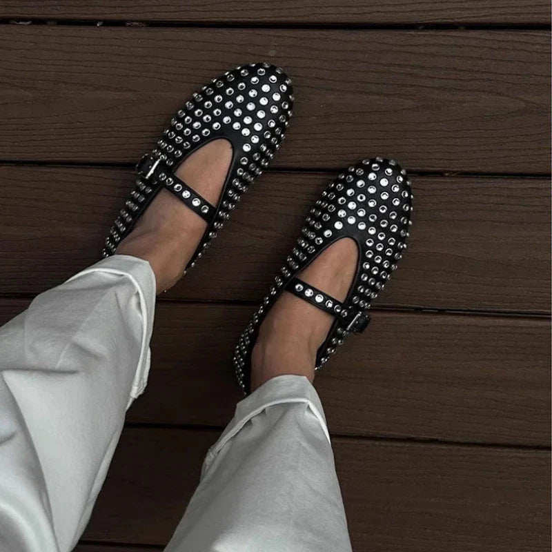 Mesh hollow ballet flats, summer breathable casual sandals for women, full diamond crystal Mary Jane shoes