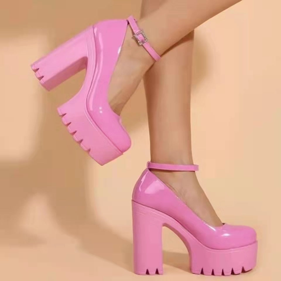 Christmas Gift Chunky Heeled Ankle Strap Pumps Sweet Platform Pink Square Heel Woman High Heels Pumps Platform Shoes Spring Woman Shoes