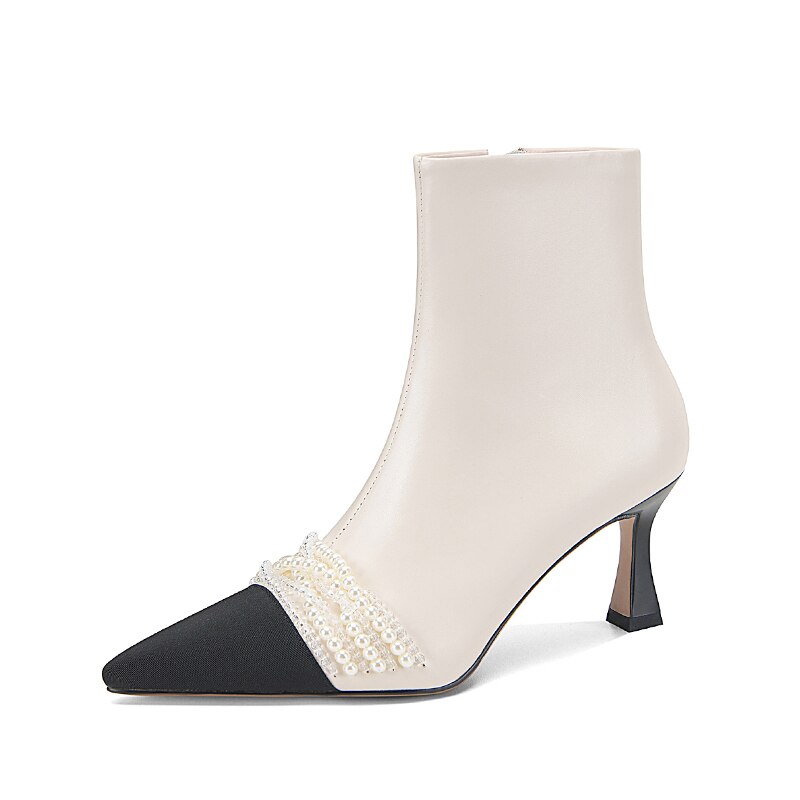 flowersverse Hot Genuine Leather Knitting Mixed Colors Women Boots Fashion String Bead ZIP Ankle Boots Pointed Toe Thin Heel Women Shoes