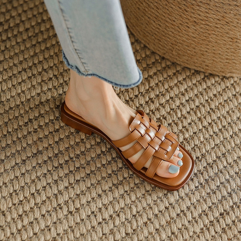 flowersverse New Summer Women Slippers Square Toe Braided Flat Bottom Females Sandals Fashion Leisure Solid Breathable Non-slip Ladies Shoes
