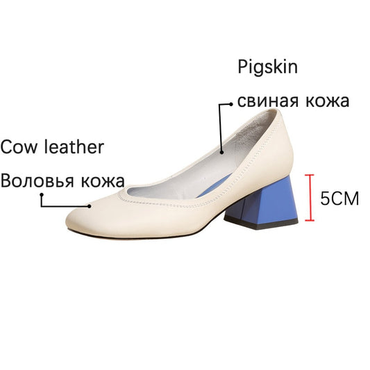 flowersverse New Spring Genuine Leather Women Shoes Full Contrast Color Chunky Heel Shoes Pumps Slip-On Shoes Women Zapatos De Mujer