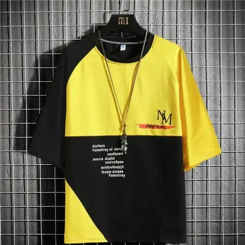 flowersverse - Fashion Loose Spliced Printed Letter Asymmetrical T-Shirt Men's Clothing Summer New Casual Pullovers All-match Tee Shirt