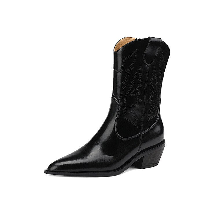 flowersverse Autumn New Pointed Toe Embroidered Western Cowboy Boots Fashion Women Shoes Female High Heels Chunky Heels Shoes For Women