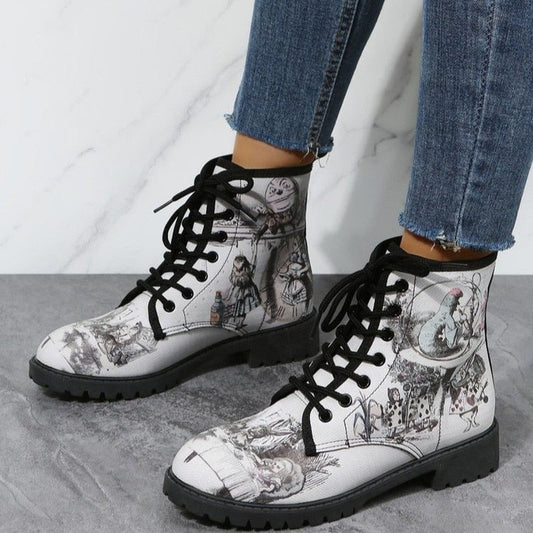Christmas Gift Women Boots Women's Spring Autumn New British Fashion Women's Tooling Boots Flower Print High-Top Boots Ladies Shoes For Women