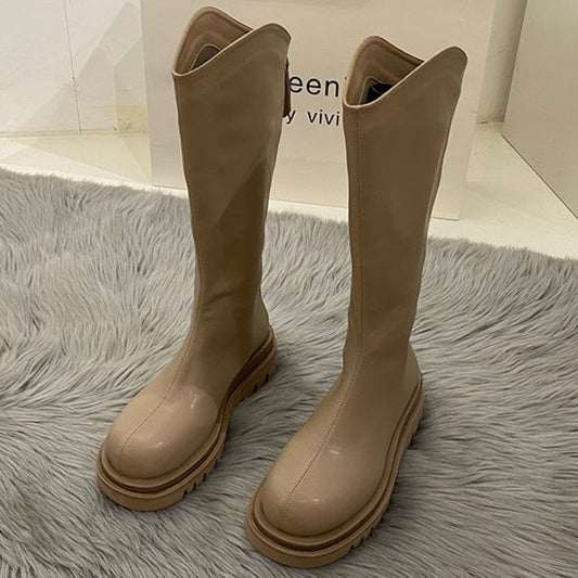 flowersverse Women Boots Fashion Casual Non Slip Zipper Knee Boots Woman Comfortable Round Boots Ladies Platform PU Winter Boot Female