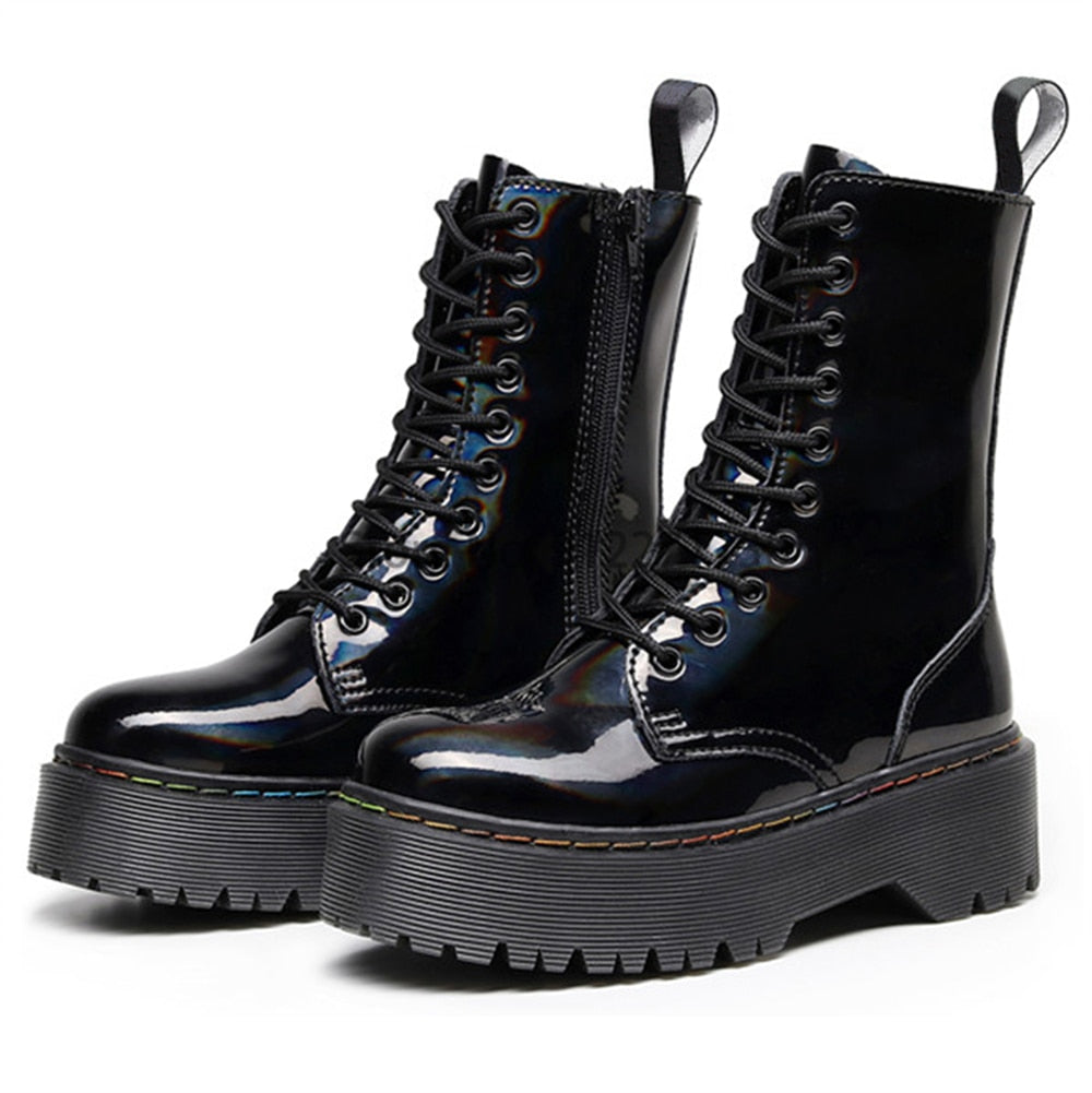 Amozae Winter Women Boots Leather Reflective Female Lace Up Platforms Boot Increase Height Punk Boots Black Casual High-Top Shoes