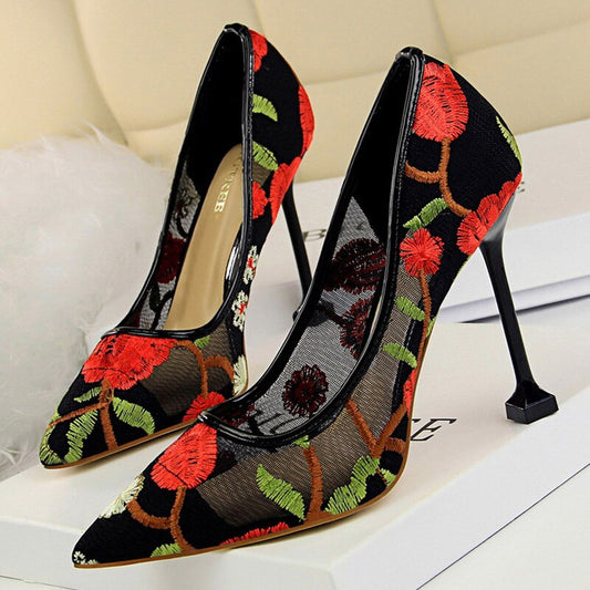 Amozae Summer Fashion High Heels Women's Floral Embroidered Lace Party Stiletto High Heels Mesh Women's Shoes