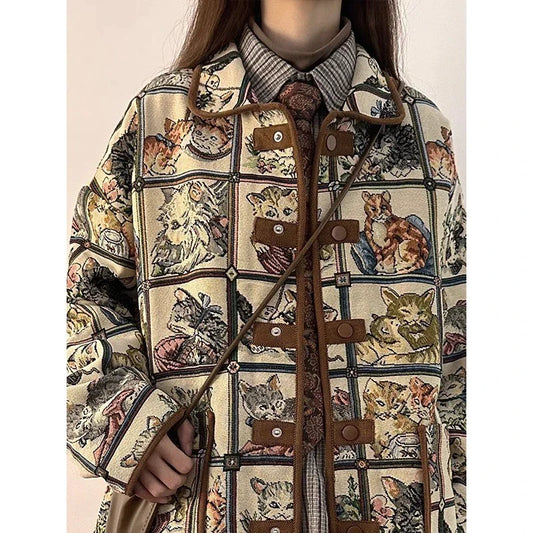 flowersverse Fashion Vintage Jackets Cartoon Print Single Breasted Turn Down Collar Design Coats Y2k Preppy Style All Match Women's Clothing