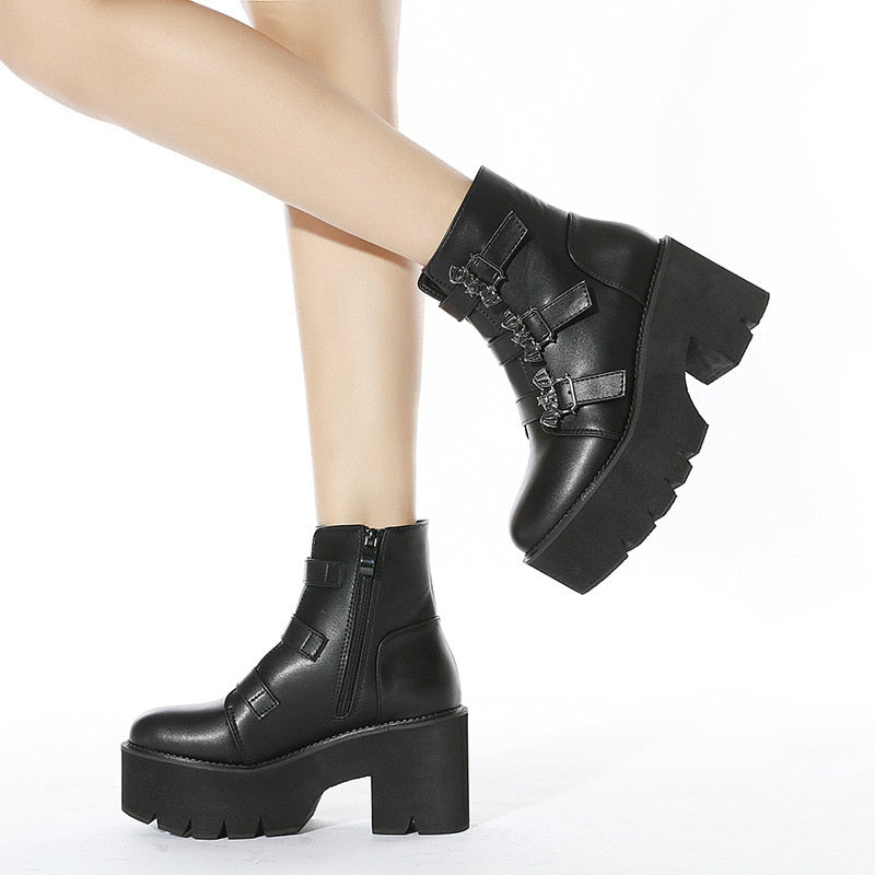 Amozae Fashion Thick Sole High Heel Ankle Boots Women's Elf Belt Tower Buckle Round Toe Patent Leather Shoes Sapatos Femininos De Salto